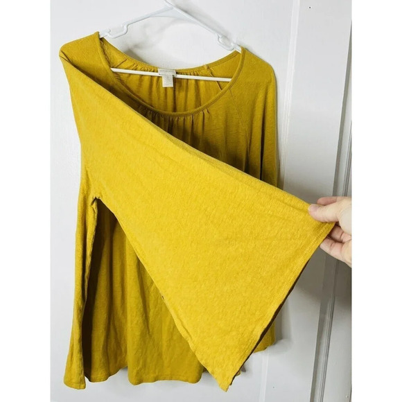 Chicos Womens Shirt Sz 3 Bell Sleeve Yellow Linen Rayon Blend Pleated Neckline - Picture 2 of 10